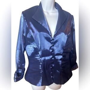 XSCAPE Elegant Shiny Blue Blouse 3/4 Sleeve Spandex Blend Women’s 14